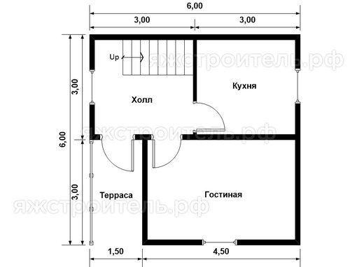 ДК-57 - каркасный дом 6х6 - планировка 1 этажа